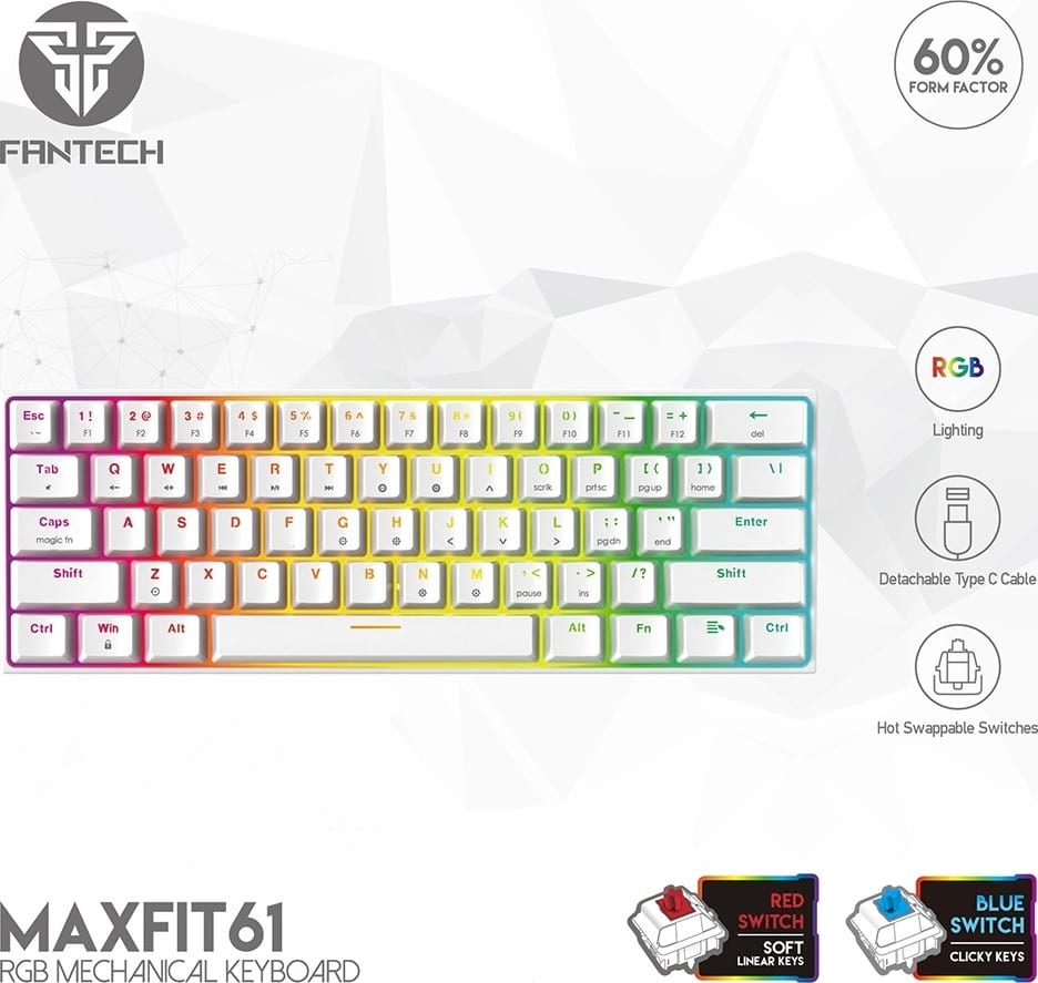 Fantech MaxFit61 MK857 Space Edition RGB Mechanical Keyboard, Detachable Type-C Cable, Full Keys Anti-Ghosting, 60% Factor, White | MK857 Space Edition