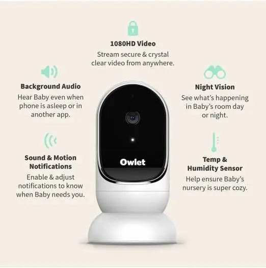 Owlet Cam Smart Baby HD Video Monitor with Camera, Wide Angle Lens, Audio & Background Sound, Encrypted WiFi, Motion & Sound Notifications, Humidity/Room Temp, Night Vision, White | BC04NNBBYH